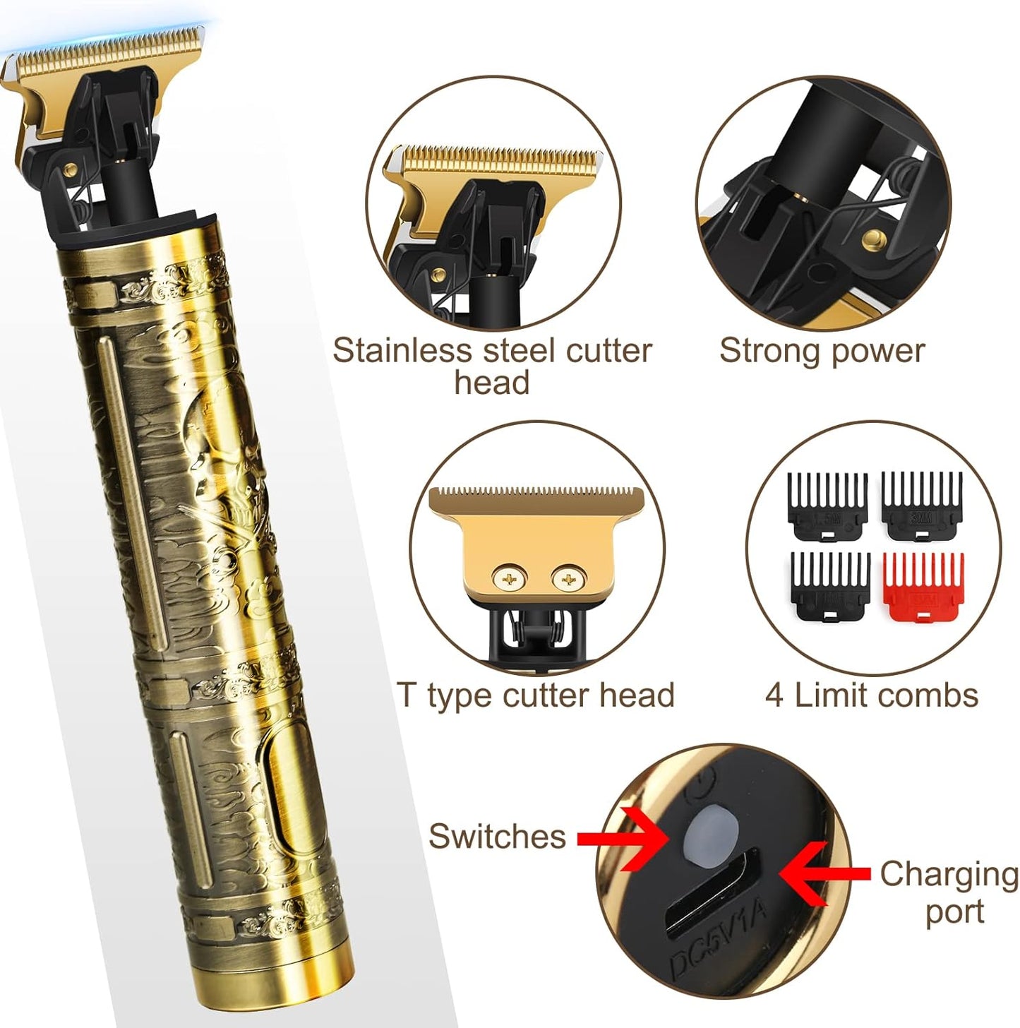 Professional Hair Trimmer for Men, Beard Trimmer Hair Clippers for Men, Cordless Rechargeable Hair Trimmer Metal Body Cutting Grooming Kit,Beard Shaver Barbershop