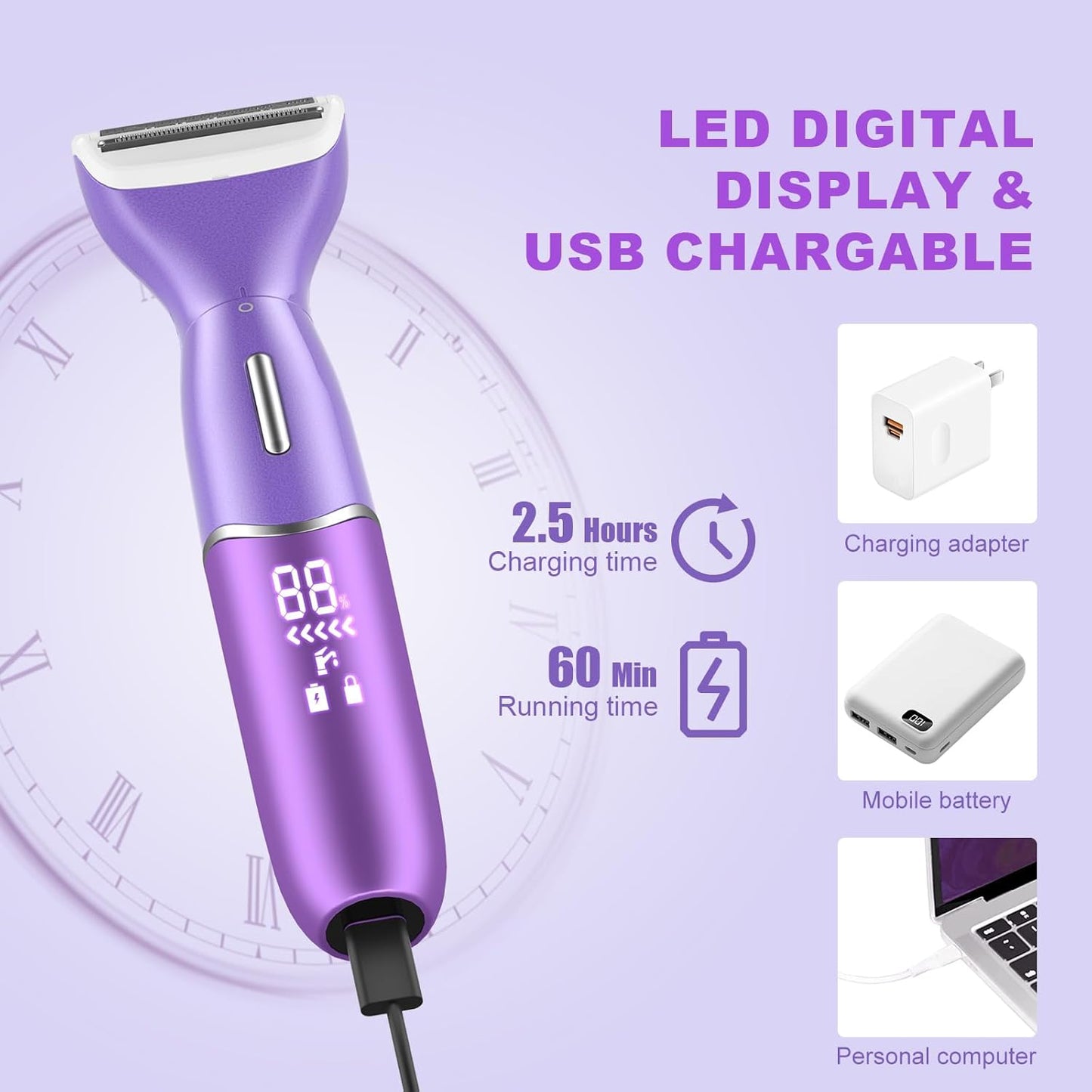 Bikini Trimmer for Women, 3 in 1 Painless Electric Razors for Women, Replaceable Lady Facial Razor & Eyebrow Trimmer, Rechargeable Women'S Grooming Kit